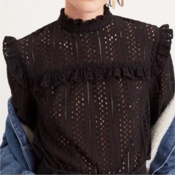 Madewell | Black Eyelet Mockneck Ruffle Top Blouse Small - Picture 8 of 8